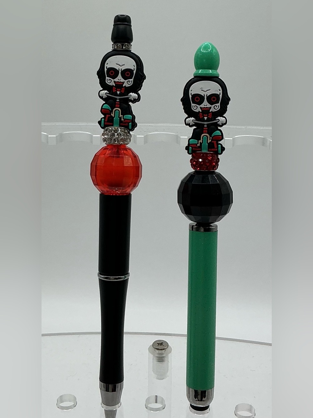 HANDMADE DECORATIVE BEADED SAW PUPPET ON BIKE PEN AND STYLUS SET